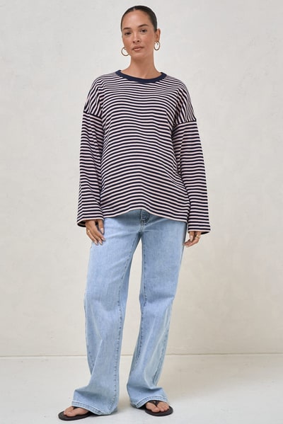 Bae the Label Outline Long Sleeve Top - Navy/Pink