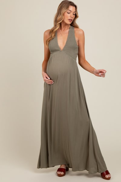 PinkBlush Olive Deep V-Neck Cross Back Maternity Maxi Dress