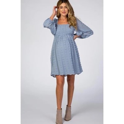 Target Pinkblush Light Blue Textured Dot Smocked Square Neck Chiffon Maternity Dress Medium