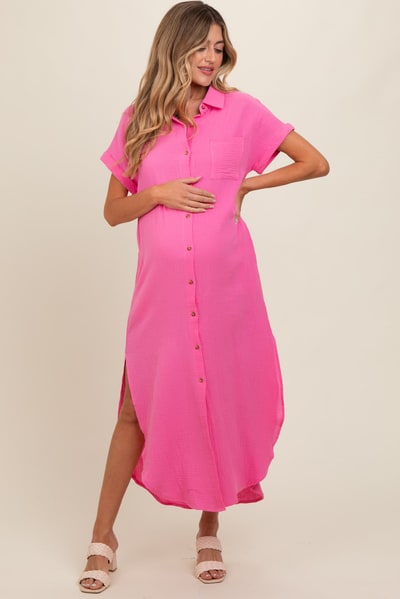 PinkBlush Fuchsia Button Down Maternity Midi Dress