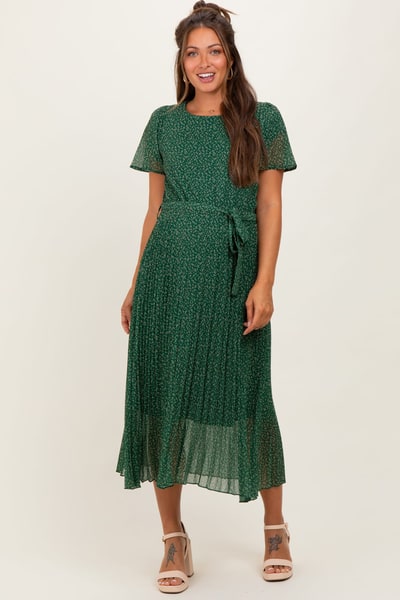 PinkBlush Forest Green Leaf Print Pleated Maternity Midi Dress