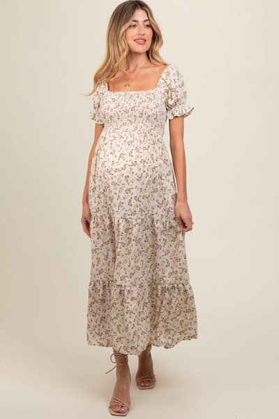 PinkBlush Cream Floral Smocked Square Neck Tiered Puff Short Sleeve Maternity Maxi Dress