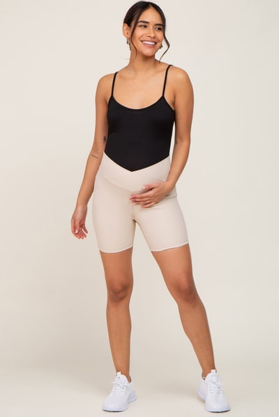 PinkBlush Beige Ribbed Crisscross Maternity Biker Shorts