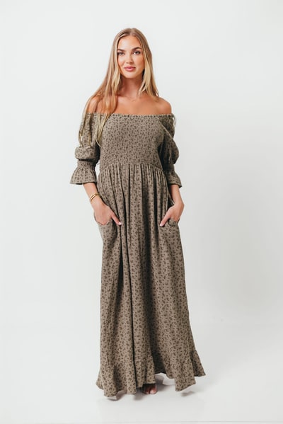 Worth Collective Sienna 100% Cotton Puff Sleeve Maxi Dress in Olive Foliage - Bump Friendly