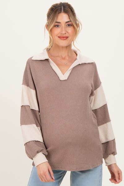 PinkBlush Mocha Long Sleeve Collar Solid Contrast Maternity Top