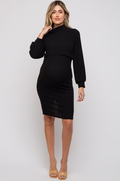 PinkBlush Black Rib Mock Neck Maternity Nursing Dress