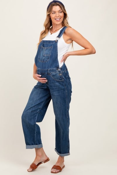 PinkBlush Navy Blue Barrel Leg Rolled Cuff Maternity Overall
