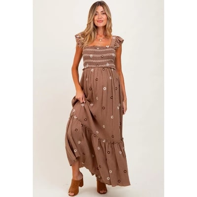 Target Pinkblush Mocha Floral Embroidered Smocked Maternity Maxi Dress Medium