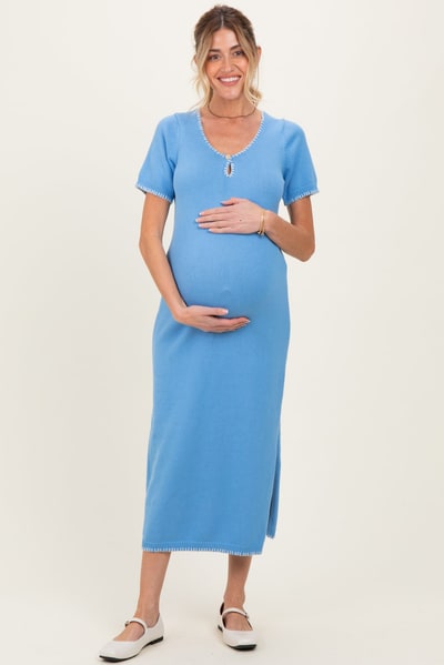 PinkBlush Blue Knit Contrast Stitch Detail Maternity Midi Dress