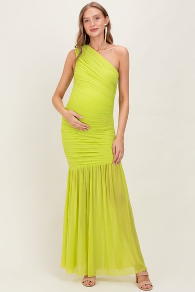 PinkBlush Lime Ruched Mesh One Shoulder Maternity Maxi Dress