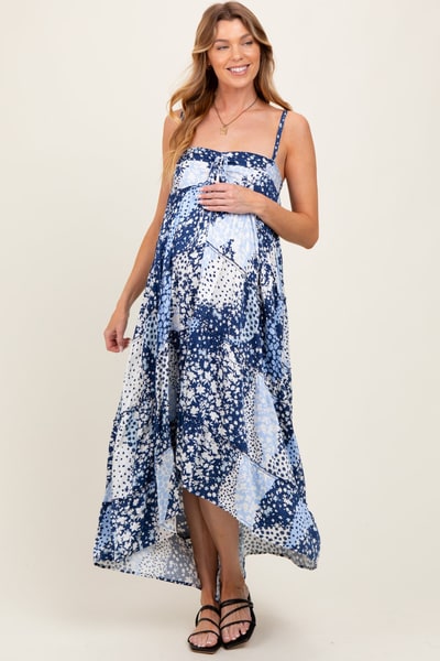 PinkBlush Navy Blue Floral Tiered Spaghetti Strap Maternity Maxi Dress
