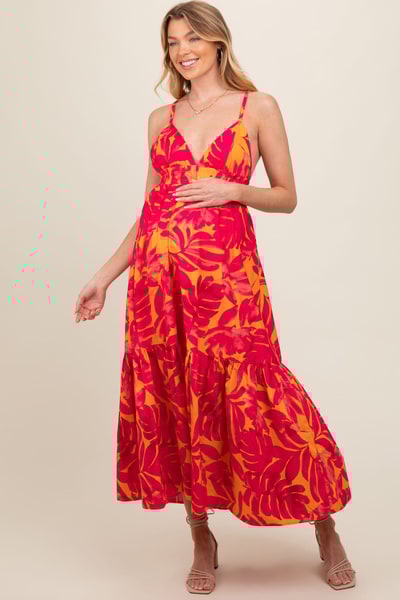 PinkBlush Coral Leaf Print Open Back Maternity Midi Dress