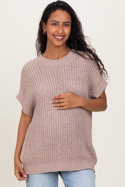 PinkBlush Taupe Short Sleeve Round Neck Maternity Sweater