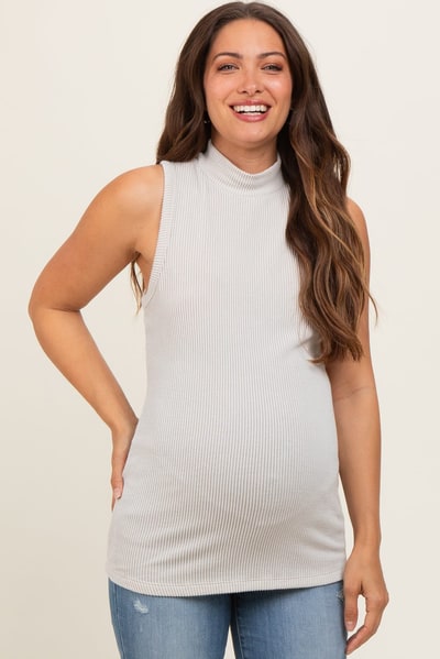PinkBlush Cream Ribbed Mock Neck Sleeveless Maternity Top