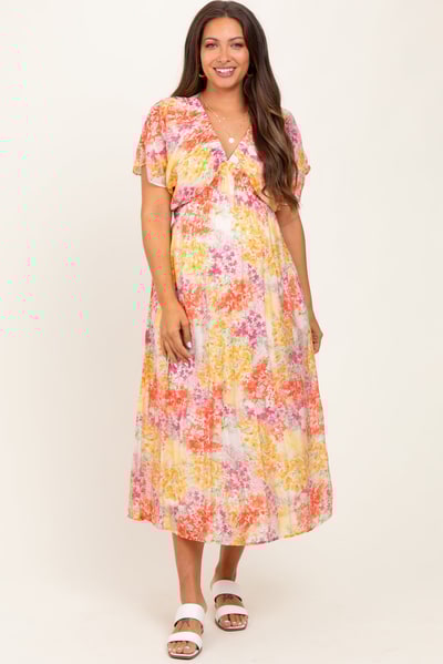 PinkBlush Yellow Mix Textured Floral Gathered V Neck Maternity Dress