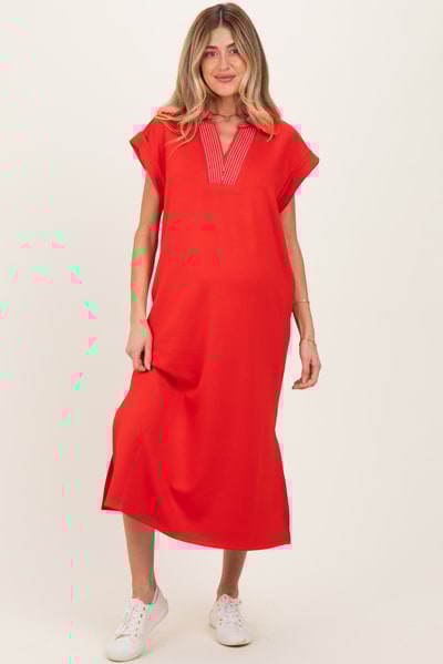 PinkBlush Red Striped Collared Side Slit Maternity Midi Dress