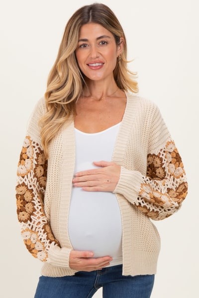PinkBlush Beige Crochet Detail Sleeve Maternity Cardigan