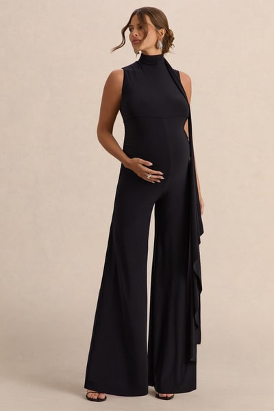 Club L London Renza | Black High-Neck Maternity Jumpsuit With Scarf Detail