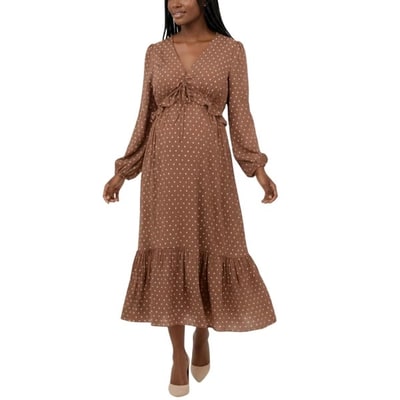 Target Women's V-Neck Puff Sleeve Ruffle Midi Maternity Dress - Mocha Mousse & Vanilla Dot - Size: X Large - Motherhood Maternity