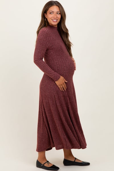 PinkBlush Burgundy Ribbed Mock Neck Maternity Midi Dress