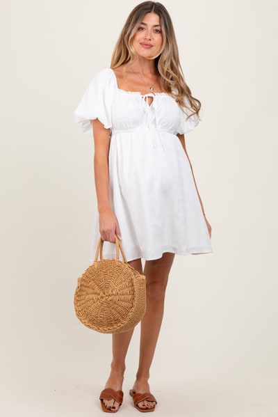 PinkBlush White Textured Bubble Sleeve Maternity Mini Dress