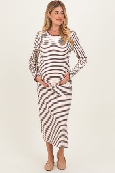 PinkBlush Cream Striped Stitch Detail Long Sleeve Maternity Midi Dress
