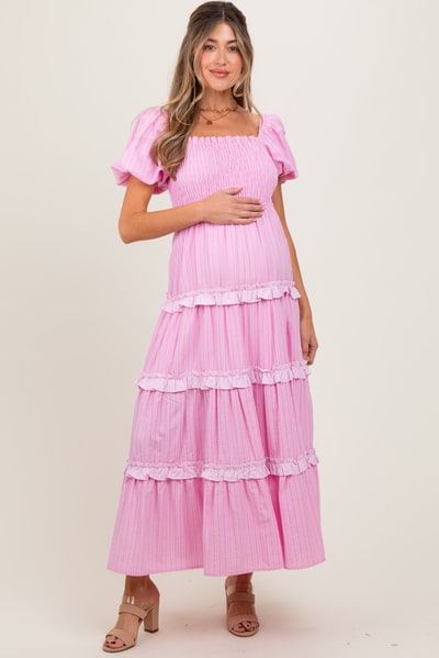 PinkBlush Pink Smocked Ruffle Tiered Puff Sleeve Maternity Maxi Dress