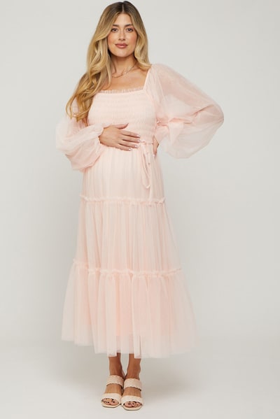 PinkBlush Light Pink Mesh Tiered Long Sleeve Maternity Maxi Dress
