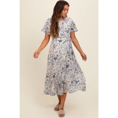 Target Pinkblush Cream Floral Pleated Maternity Midi Dress Small