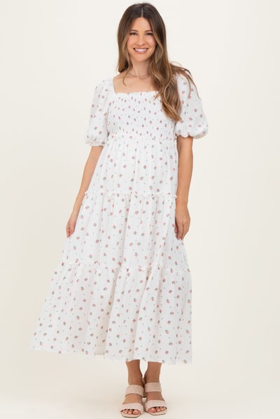 PinkBlush White Floral Puff Sleeve Tiered Maternity Maxi Dress