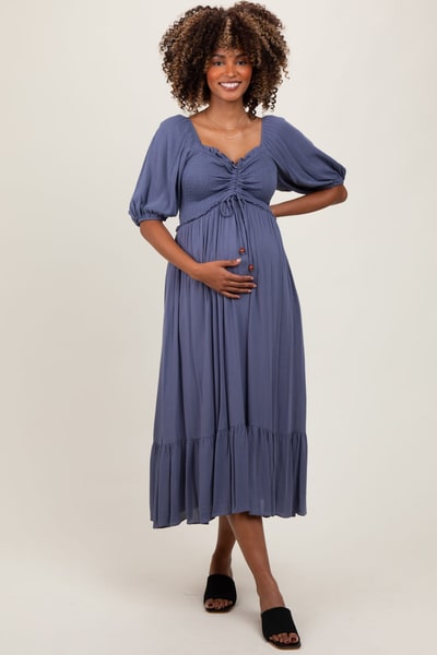 PinkBlush Blue Smocked Cinched Front Maternity Maxi Dress