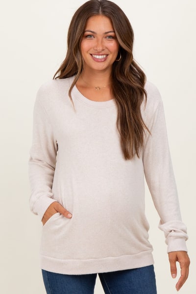 PinkBlush Beige V-Neck Double Layer Maternity Nursing Pullover Top
