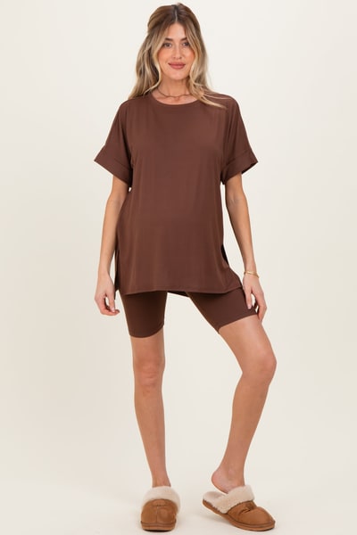 PinkBlush Brown Hi-Low Short Sleeve Tee Biker Short Maternity Set