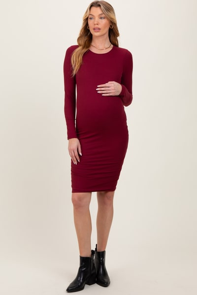PinkBlush Burgundy Crew Neck Double Layered Rib Maternity Mini Dress