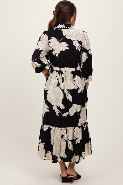PinkBlush Black Floral Print Cinched Tie Waist Maternity Shirt Dress