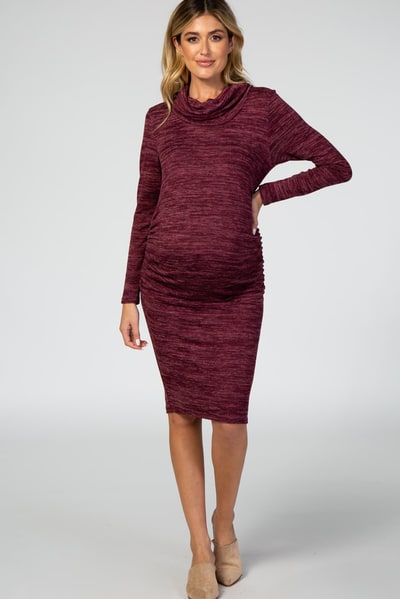 PinkBlush Burgundy Knit Long Sleeve Cowl Neck Maternity Dress