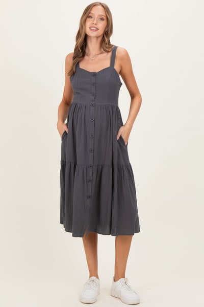 PinkBlush Charcoal Sleeveless Button Down Tiered Maternity Midi Dress