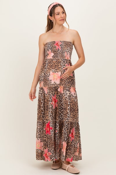 PinkBlush Mocha Animal Print Floral Smocked Strapless Maternity Maxi Dress