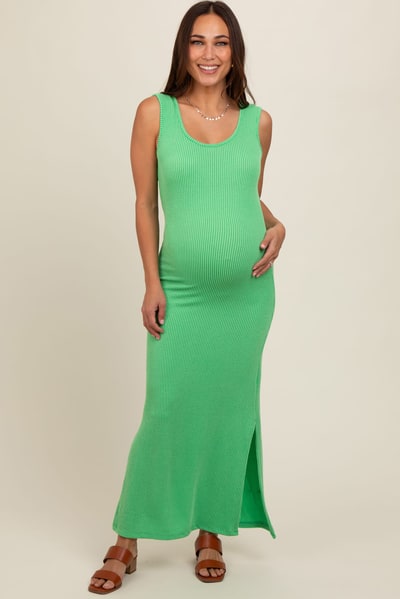 PinkBlush Green Ribbed Side Slit Maternity Maxi Dress