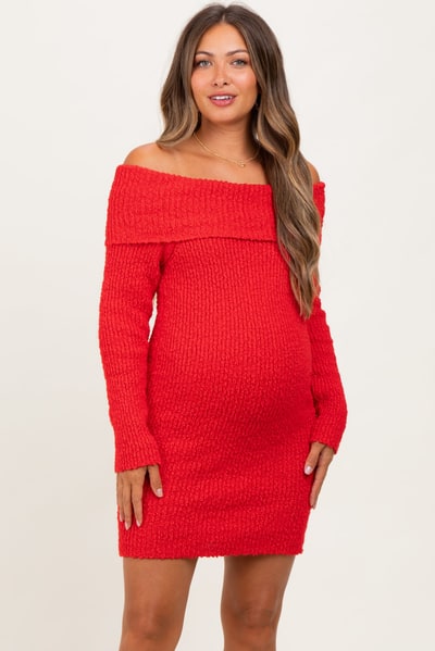 PinkBlush Red Off The Shoulder Knit Sweater Maternity Mini Dress