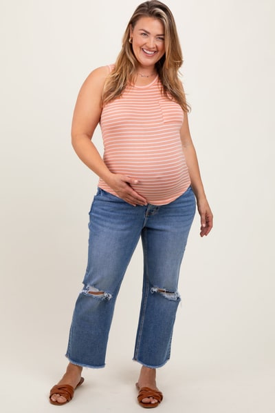 PinkBlush Blue Open Knee Fringe Hem Cropped Wide Leg Maternity Plus Jeans