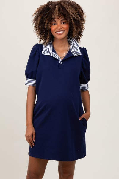 PinkBlush Navy Mock Neck Contrast Striped Trim Maternity Mini Dress
