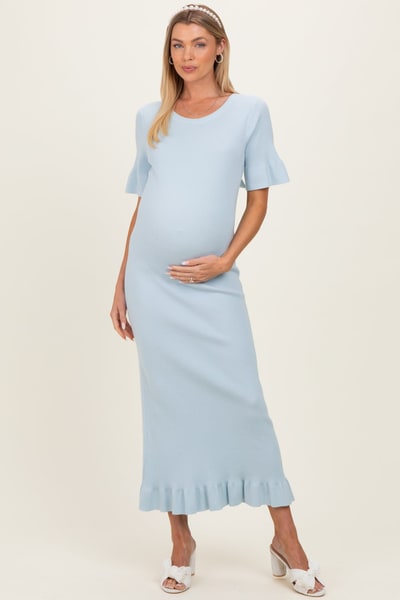 PinkBlush Sky Ribbed Knit Bow Back Ruffle Accent Maternity Dress