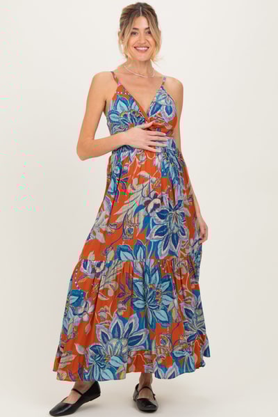 PinkBlush Cinnamon Floral Twist Front Cutout Maternity Maxi Dress