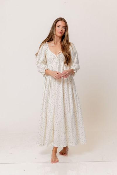 Worth Collective Cecilia 100% Cotton Smocked Maxi Dress in Flowery Ivory (Lined) - Bump Friendly
