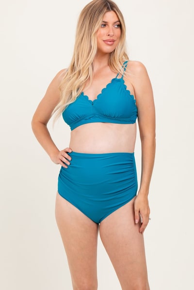 PinkBlush Teal Scalloped V-Neck High Waist Two-Piece Maternity Swimsuit