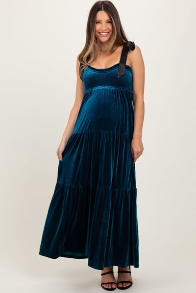 PinkBlush Deep Teal Velvet Smocked Satin Shoulder Tie Maternity Maxi Dress