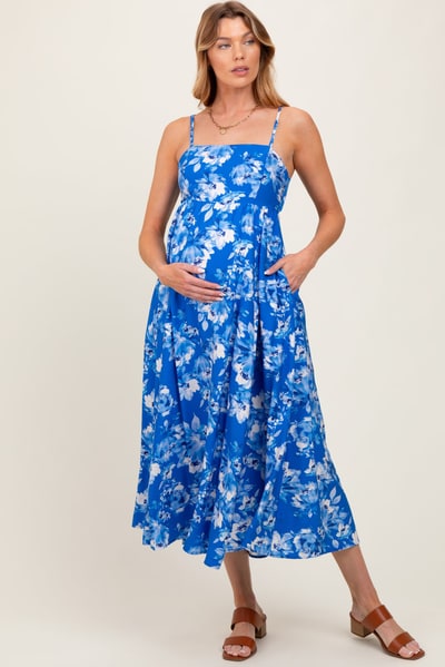 PinkBlush Royal Blue Floral Tie Back Cutout Maternity Midi Dress