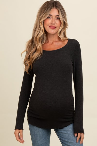PinkBlush Charcoal Ribbed Knit Long Sleeve Lettuce Hem Maternity Top