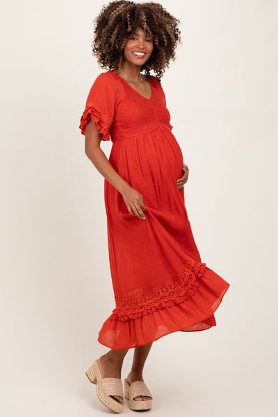 PinkBlush Rust Smocked Crochet Ruffle Trim Maternity Midi Dress